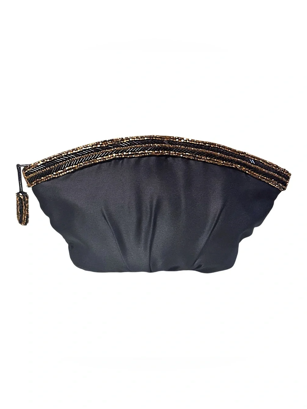 Genie 80’s Glam Black Satin Evening Clutch with Gold/Black Beaded Gathered Frame